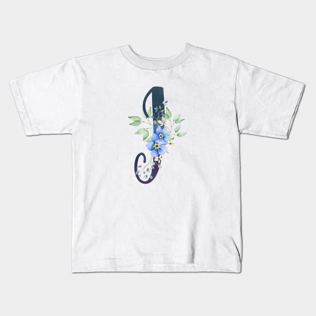 Floral Monogram J Wild Blue Flowers Kids T-Shirt by floralmonogram